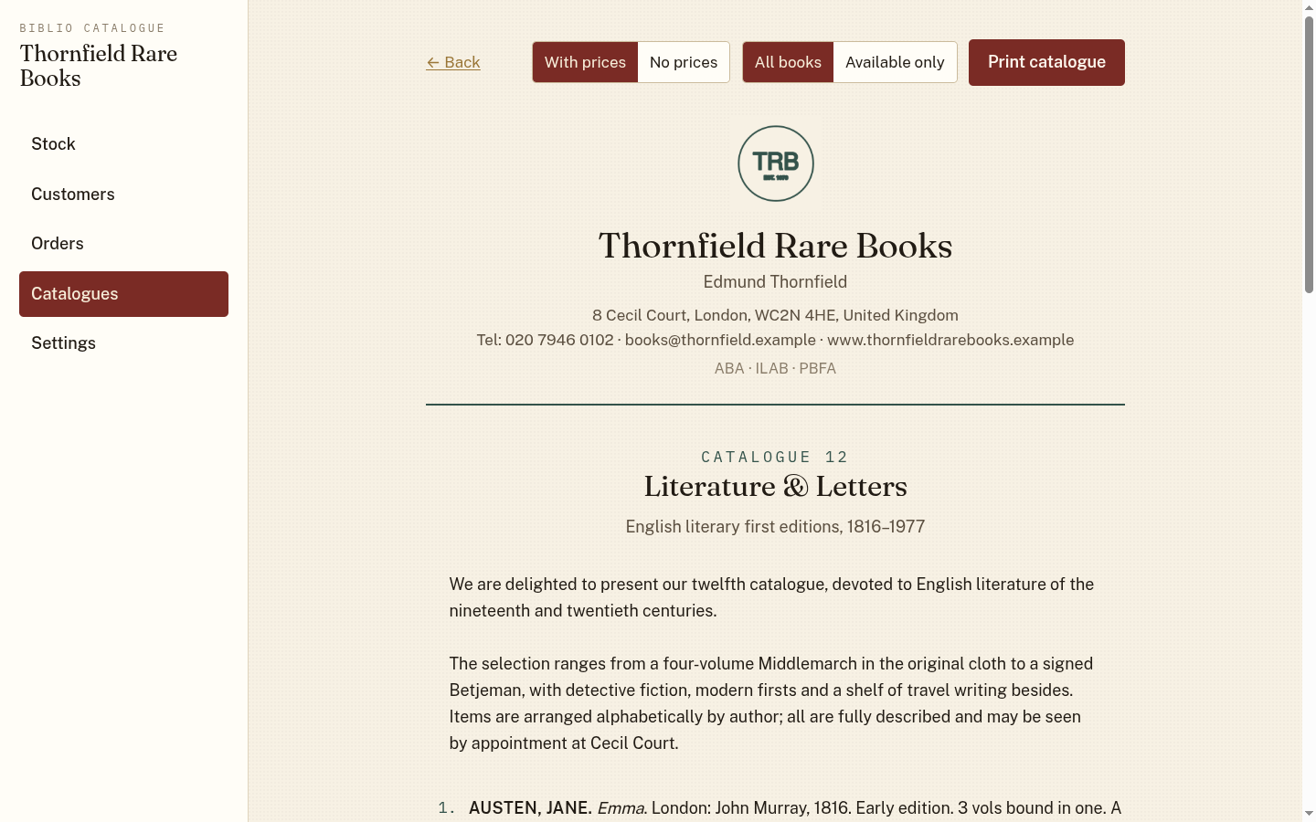 A printed catalogue produced by Biblio Catalogue