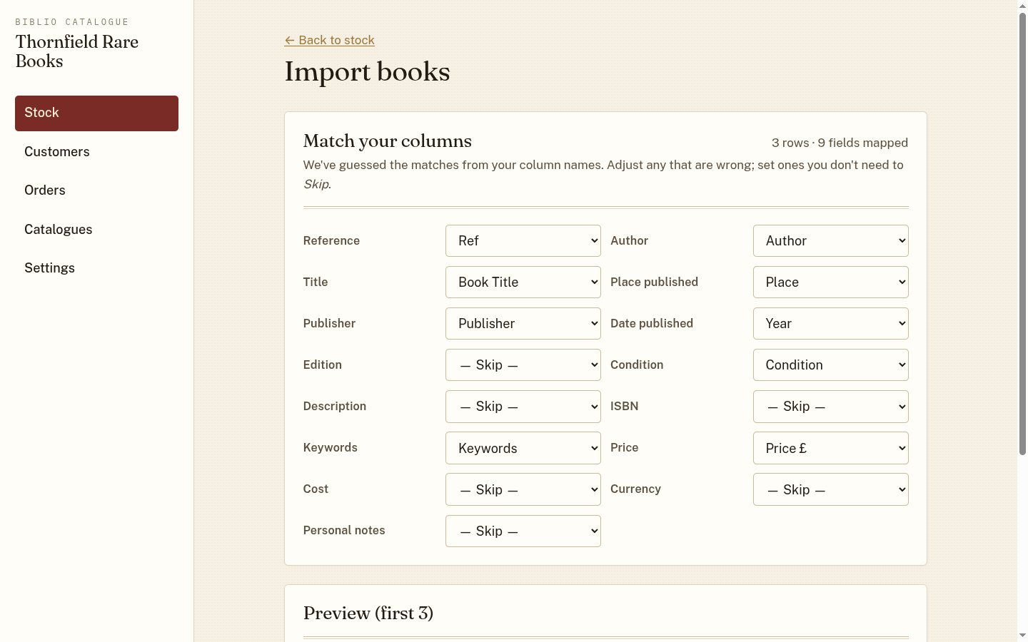 CSV import with column matching